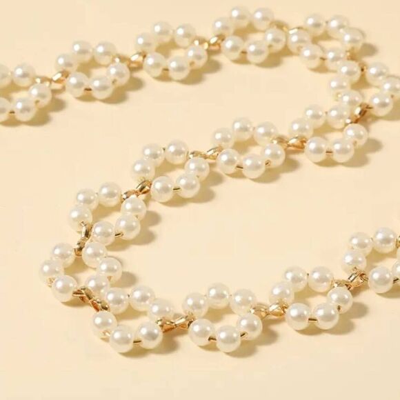 Flower Shape Braid Necklace Gold Faux Pearls Short Choker Necklace - Picture 3 of 6